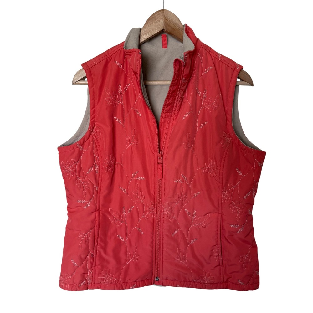 Tabi Quilted Vest Women Medium Coral Pink Excellent Floral Embroidered Fleece